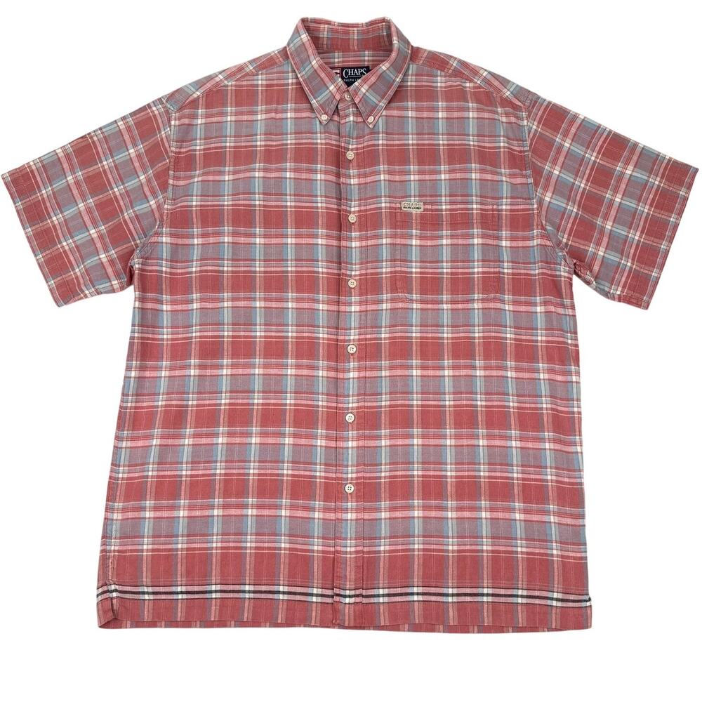 Chaps Ralph Lauren Plaid Button-Up Shirt Hemp Cotton Coral 90s Y2K Large